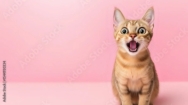 Obraz Surprised cat with wide eyes and open mouth on a plain pastel background showing dramatic reaction in a clean minimal setting