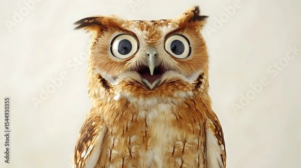 Obraz Wide-eyed owl showing surprise with puffed feathers on a plain soft background creating a focused and minimal look