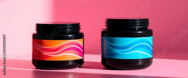 Fototapeta Modern Black Jars with Multicolor Wave Labels, Minimalist Packaging, Luxury Branding Mockup
