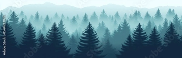 Fototapeta The background is a forest, characterized by its natural landscape, which includes a variety of trees like pine, spruce, and Christmas trees, enveloped in fog, and distinguished by evergreen