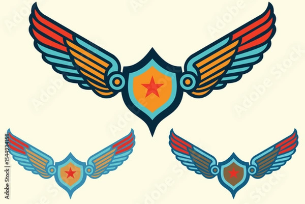Fototapeta Retro Winged Badge Icon with Star Shield – Vintage Military Emblem Vector Design