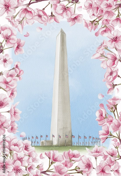 Obraz Washington Monument in Washington, D.C. National Cherry Blossom Festival. Frame with pink flowers. Watercolor illustration, hand drawing. Sketch. Template for a postcard or souvenir.