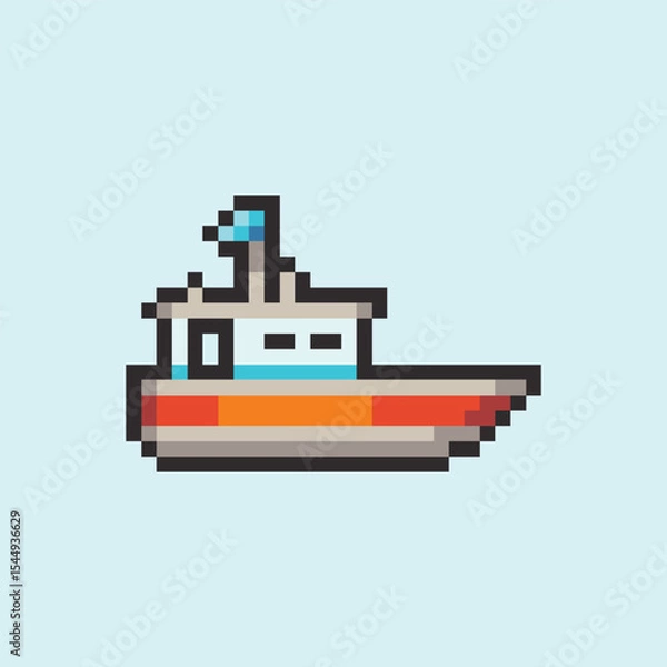 Fototapeta this is ship icon in pixel art with colorful color and blue background ,this item good for presentations,stickers, icons, t shirt design,game asset,logo and your project.