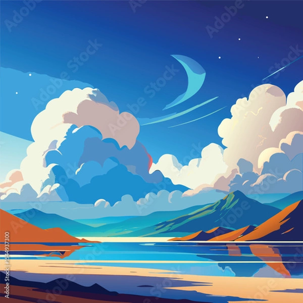 Fototapeta Celestial Serenity: A stylized landscape painting showcases a serene vista, where a crescent moon and stars adorn a vibrant blue sky, hovering above tranquil waters reflecting the mountainous horizon.