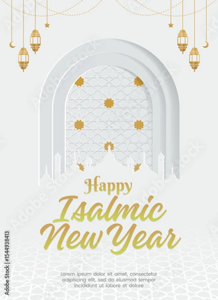 Obraz Happy Muharram Islamic Greeting Card Design with Decorative Islamic Background