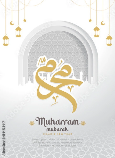 Obraz Happy Muharram Islamic Greeting Card Design Featuring Arabic Calligraphy and Decorative Background