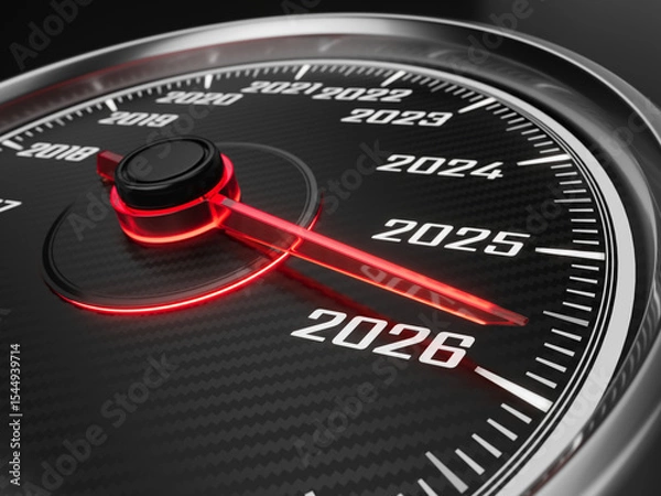 Obraz Black speedometer with needle moving to the year 2026 - 3d illustration