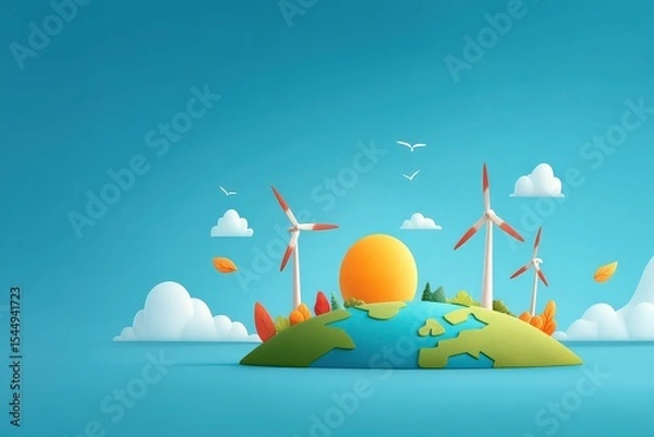 Fototapeta Globe overlaid with wind, solar, and hydro symbols, surrounded by leaves and sky, representing unity of green renewable sources and Earth’s sustainable energy potential.
