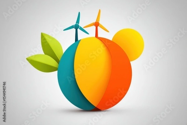 Fototapeta Globe overlaid with wind, solar, and hydro symbols, surrounded by leaves and sky, representing unity of green renewable sources and Earth’s sustainable energy potential.