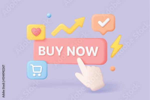 Fototapeta Buy now button in 3d style with hand cursor, shopping cart, heart, checkmark, and arrow icons for ecommerce marketing and website conversion vector illustration