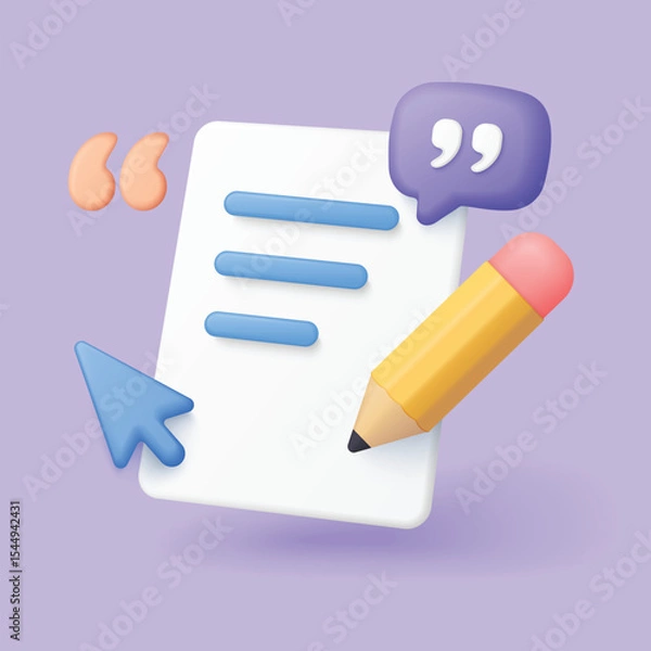 Fototapeta Creative 3d copywriting concept showing a pencil, document, cursor, and quotation marks for content creation, writing, marketing, and communication on a purple background vector illustration