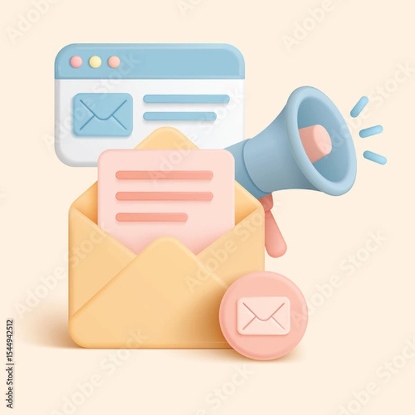 Fototapeta Modern 3d style envelope, megaphone, and email window symbolize digital marketing, newsletter promotion, and online communication on an isolated background vector illustration