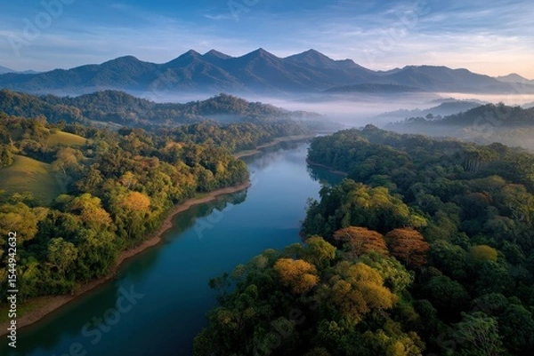 Fototapeta Massive hydroelectric energy dam within natural forest setting, mist rising from base, symbolizing clean energy from water without harming surrounding ecosystems.