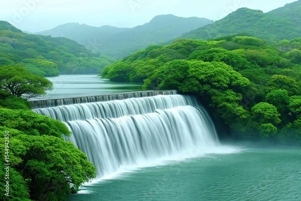 Fototapeta Massive hydroelectric energy dam within natural forest setting, mist rising from base, symbolizing clean energy from water without harming surrounding ecosystems.