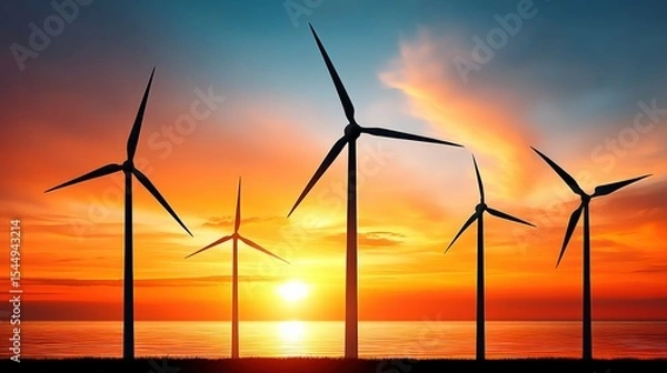 Fototapeta Integrated landscape of solar, wind, and hydro power sources operating together, showing total renewable energy environment in balanced terrain.