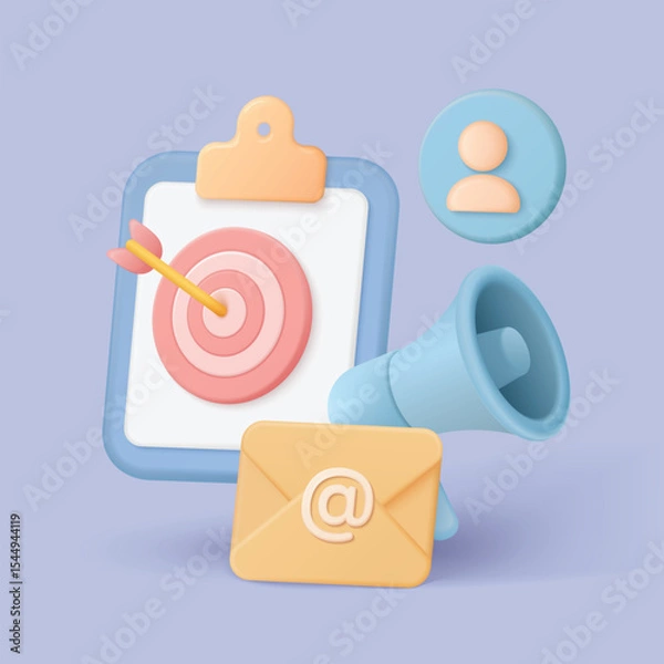 Fototapeta Modern 3d style email marketing concept with target, megaphone, envelope, and user icon for digital campaigns, audience engagement, and communication strategy vector illustration