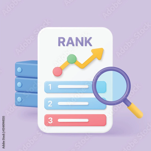 Fototapeta Colorful 3D chart with ranking positions, magnifying glass, and upward trend arrow representing internet search ranking tracking and SEO analytics on isolated background vector illustration