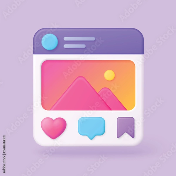 Fototapeta Colorful 3d social media post interface with heart like comment and bookmark icons perfect for social media marketing branding and digital content design vector illustration