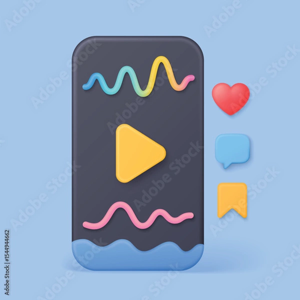 Fototapeta Colorful 3d play button with heart, chat, and bookmark icons representing social media video engagement on a blue background for digital marketing and content creators vector illustration