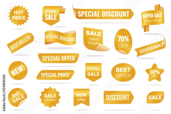 Fototapeta Red labels of hot and new sales, promo stickers of different shapes with text set. Best seller and special price of product, discount and giveaway promotion banners collection vector illustration