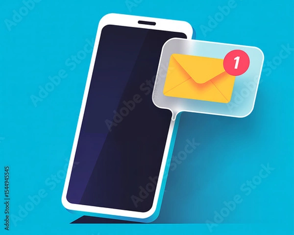 Fototapeta A smartphone with an email notification on a bright blue background concept for love or messaging