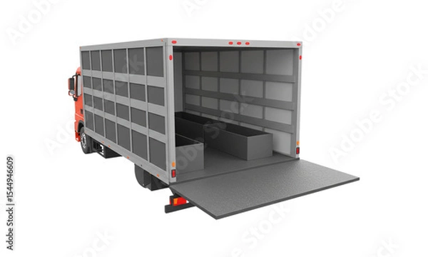Obraz Delivery Truck Rear View: A robust delivery truck displays its open cargo area, presenting a view into its practical interior, ready to transport goods and services efficiently. 