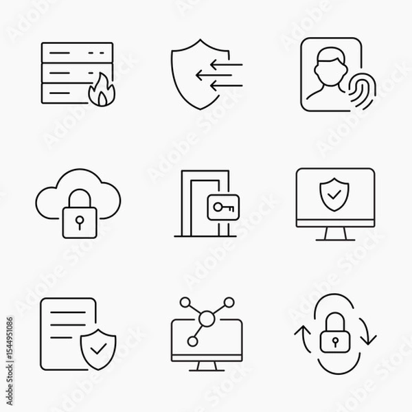 Fototapeta Outline Icon Set illustrating cloud security, access control, identity verification and IT infrastructure, Perfect for cybersecurity and digital protection themes