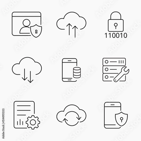 Fototapeta Simple outline icons representing cloud storage, data syncing, mobile security and server maintenance, Great for IT cloud services and digital safety visuals