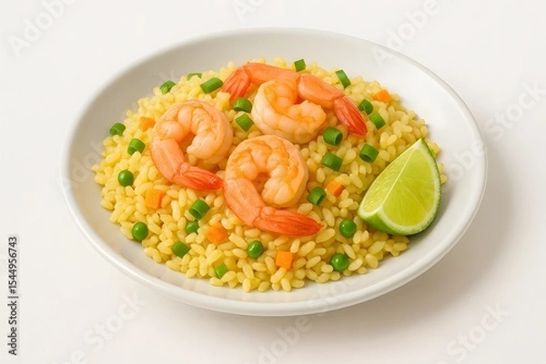 Fototapeta Shrimp fried rice with vegetables on white plate