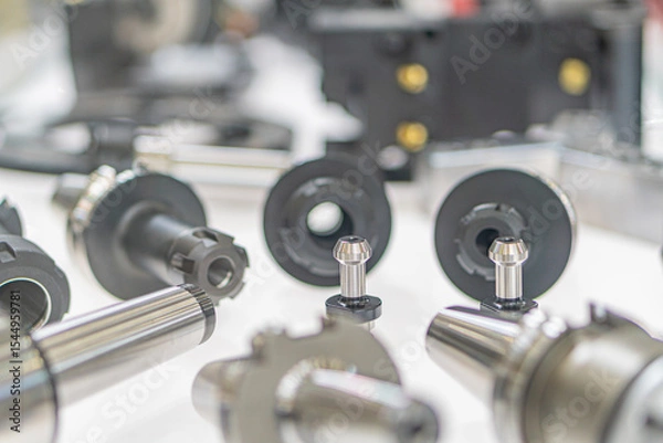 Fototapeta Close-up of scattered metallic mechanical parts on a light grey surface, possible industrial setting Variable shapes gears, rings, rods, sizes, and angles Overhead lighting casting soft shadows a