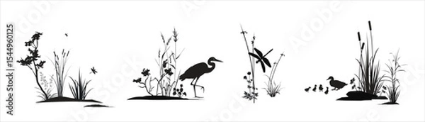 Fototapeta Thickets of reed, cane, cattail, sedge grass, bushes, other marsh plants with dragonflies, bird heron, ducks and ducklings. Swamp flora and fauna monochrome isolated silhouette landscape drawings set.