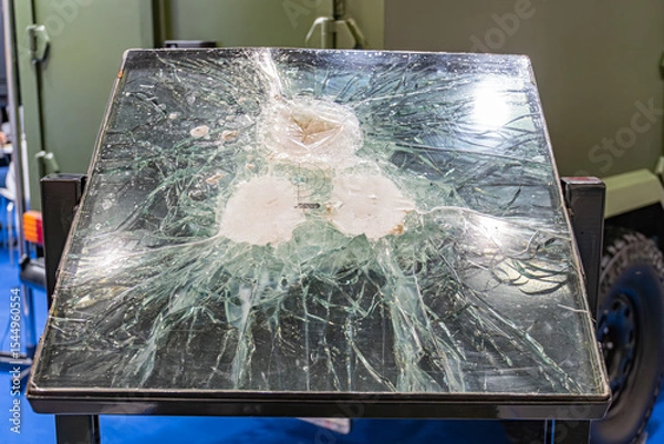Fototapeta Rectangular glass object, shattered into jagged pieces like a sunburst, possibly in an indoor workshop or storage setting No texts visible, side perspective emphasizing depth and extent of damage A