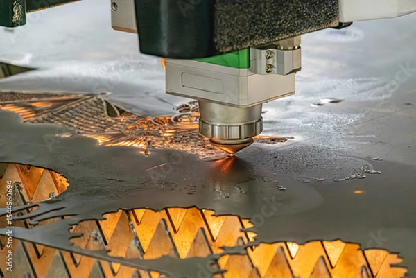 Fototapeta Close-up view of an industrial process involving molten metal being filled into a circular plate using a CNC machine tool, with a factory setting background and artificial lighting