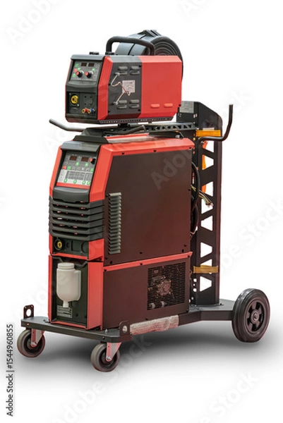 Fototapeta Red industrial engine-powered generator with black accents, control panel, gauges, displays, wheeled base, isolated image