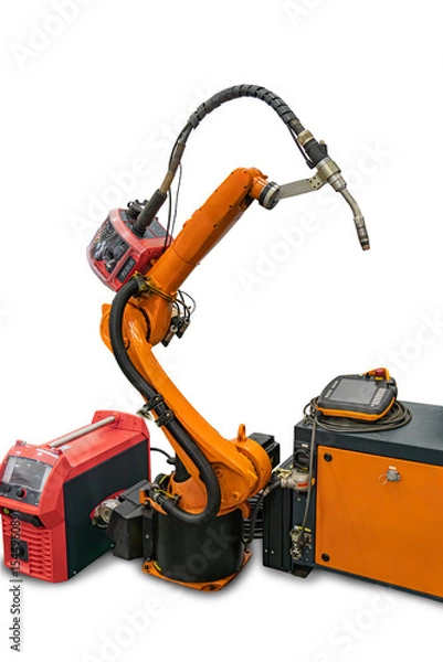 Fototapeta Industrial robot in an orange control panel setting, featuring a yellow articulated robotic arm with hoses No people visible factory background, artificial lighting, documentary style