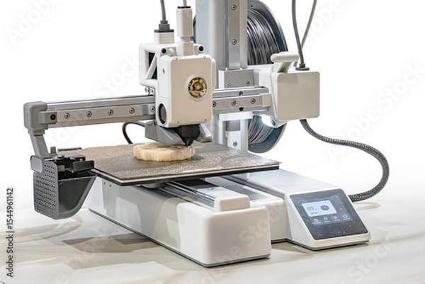 Fototapeta Close-up image of a white, high-precision CNC milling machine Sturdy construction with large table, digital interface screen, buttons, dials, cables organized in the background, bright lighting Wor