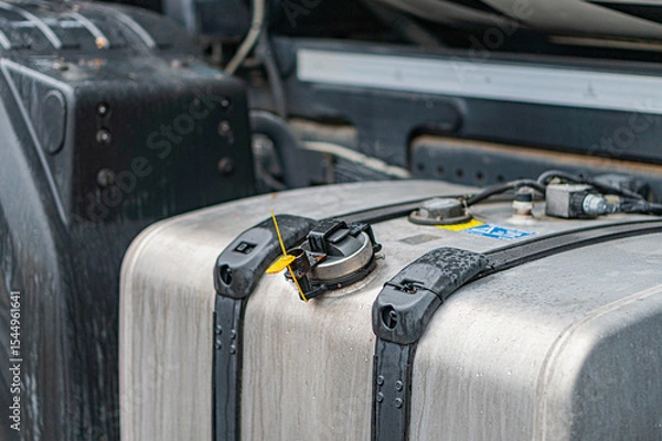 Fototapeta Outdoor image of a cargo container, rectangular in shape and metal, securely fastened to a vehicle Has two yellow handles on sides for manual movement or lifting The background is indistinct, sugge