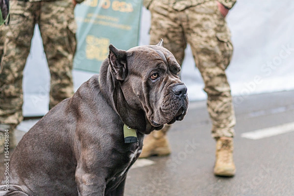 Fototapeta A military dog Cane Corso in a outdoor setting, possibly on duty, with three soldiers standing nearby The dog is dark-furred and alert, the scene lit by soft overcast daylight