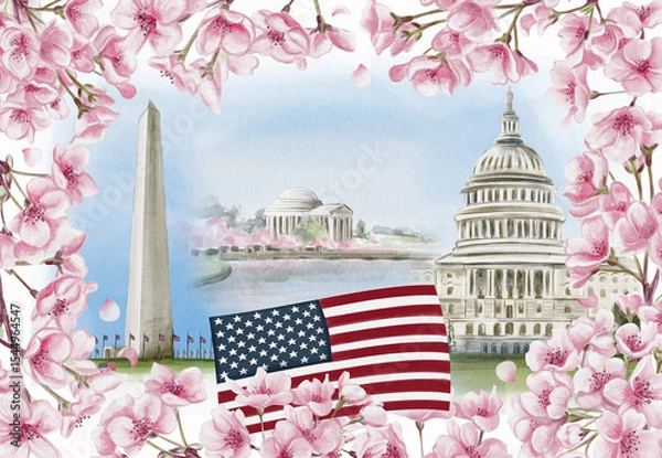 Obraz National Cherry Blossom Festival in Washington D.C. Postcard with cherry blossoms and landmarks of the US capital. Watercolor illustration. Sketch. Hand drawing.