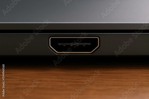 Fototapeta Close-up view of HDMI port on modern laptop with wooden desk background.