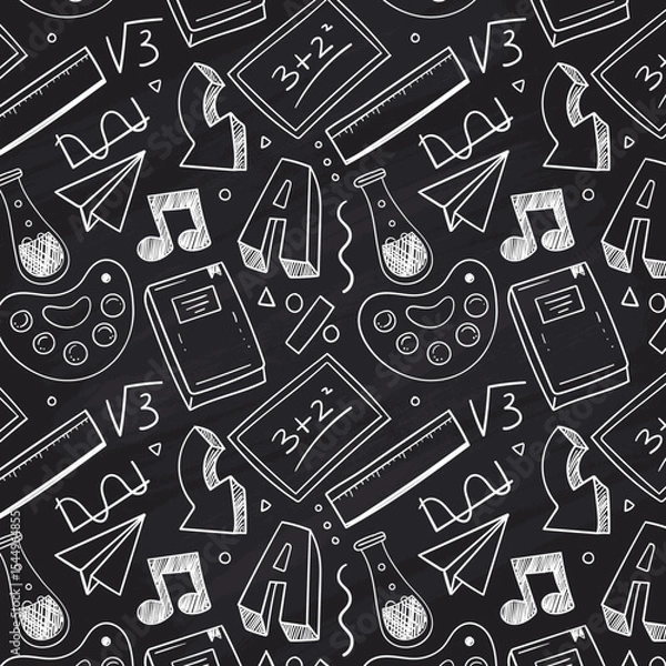 Fototapeta Education doodle seamless pattern. Science line hand drawn elements - mathematics formula, chemistry molecule, dna, graph, scientific experiment vector repeated background