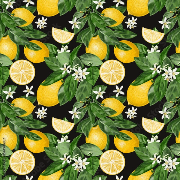 Obraz  Seamless pattern with lemons. Citrus flowers on a branch with leaves and fruits. Vintage summer pattern for fabric. Small white flowers. Watercolor illustration on a dark background. Hand drawn.