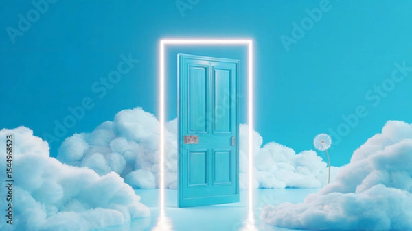 Obraz Blue door and white clouds dreamscape concept representing opportunity and imagination