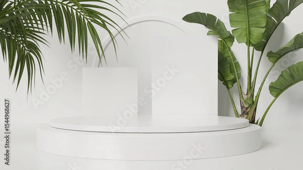 Obraz Elegant minimalist white podium display with tropical green foliage for product presentation