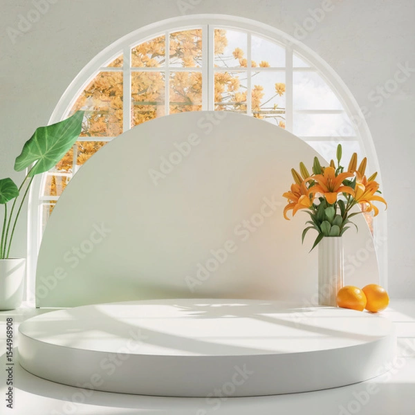 Obraz Elegant white studio stage with orange lilies and oranges for product display and presentation