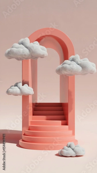 Obraz Surreal stairway to heaven with fluffy clouds and a pink architectural design