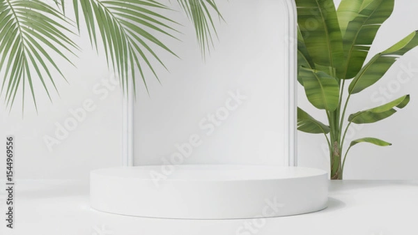 Obraz White minimalist pedestal with tropical leaves background for product presentation display.