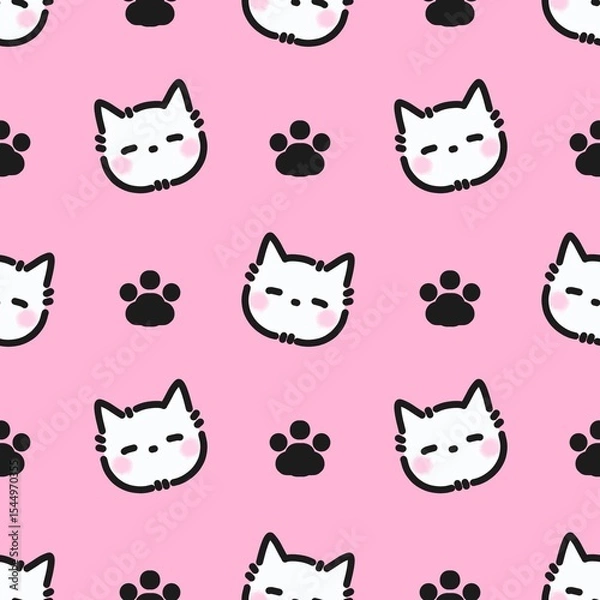 Fototapeta Cute white cat face and paw pattern on pink background. Adorable and playful cartoon design, ideal for fabric, wrapping paper, kids products, and pet-themed items.