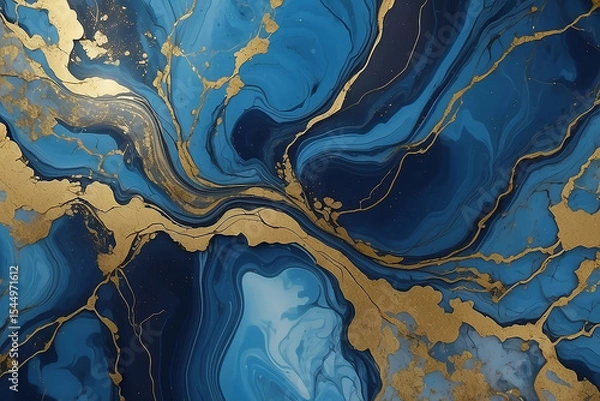 Fototapeta Luxurious blue and gold abstract art with fluid shapes and artistic texture for design projects