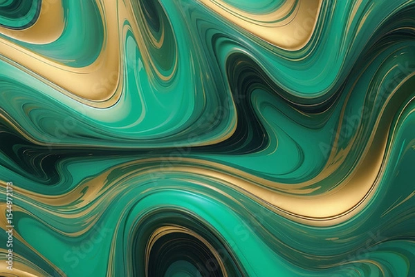 Fototapeta Luxurious fluid abstract swirls in emerald green and golden yellow artistic digital design